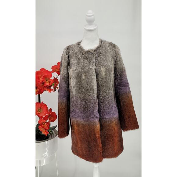 Love Token Womens Multicolor Ombre Rabbit Fur Long Sleeve Open Front Coat Size S - Picture 2 of 8